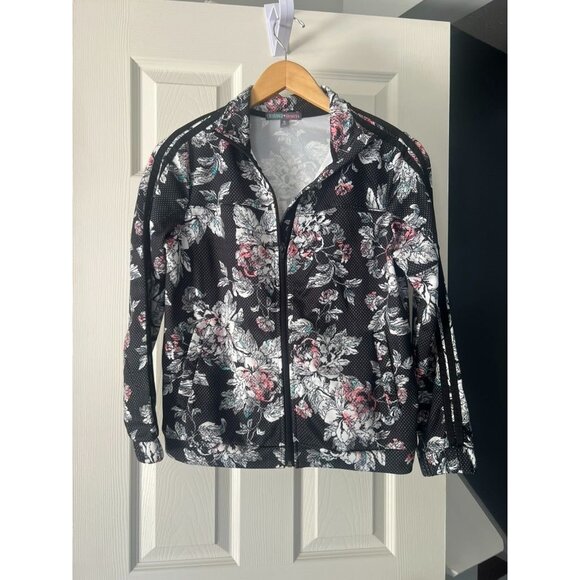 Charmed Hearts Womens Small Floral Track Jacket Zip Up Black Pink White Athleisu - Picture 1 of 5
